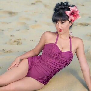 Tatyana Vintage Inspired Rosie Ruched One Piece Swimsuit in Wine